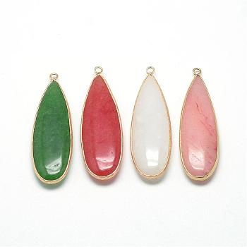 Natural White Jade Big Pendants, with Brass Findings, Dyed, teardrop, Golden, Mixed Color, 55~58x18~19x7mm, Hole: 2mm