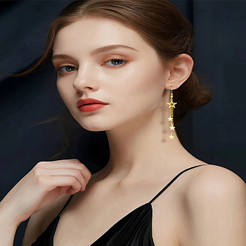 1 Pair Brass Star Tassel Dangle Earrings, Golden, 76x13mm