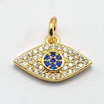 Eye Brass Micro Pave Cubic Zirconia Charms, Cadmium Free & Nickel Free & Lead Free, Real 18K Gold Plated, 9x14x3mm, Hole: 3mm