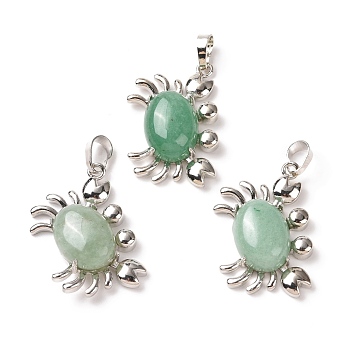 Natural Green Aventurine Pendants, with Platinum Plated Brass Findings, Cadmium Free & Lead Free, Crab, 33x22x8.5mm, Hole: 8x5mm