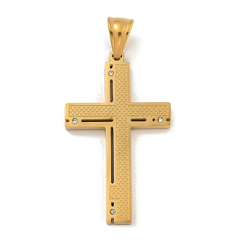 Ion Plating(IP) 304 Stainless Steel Pendants, with Crystal Rhinestones, Cross Charm, Golden, 42x25x3mm, Hole: 7.5x4.5mm