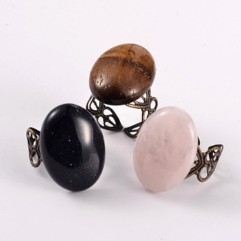 Antique Bronze Plated Mixed Adjustable Brass Gemstone Cuff Rings, Open Rings, 19mm