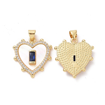 Brass Micro Pave Cubic Zirconia Pendants, with Shell, Heart Charms, Marine Blue, 23x21x4mm, Hole: 3.5x4.5mm