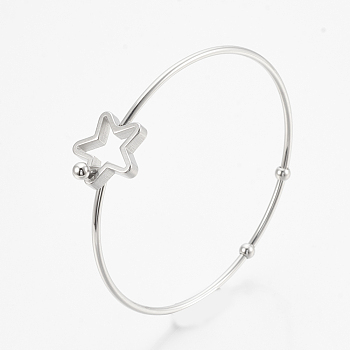 304 Stainless Steel Bangles, with 201 Stainless Steel Beads, Star, Stainless Steel Color, 2-3/8 inch(6.2cm)x2-3/8 inch(6.1cm), 1.5mm