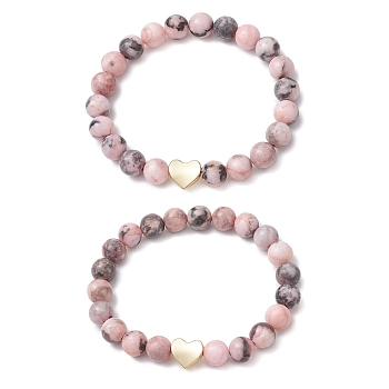 2Pcs Natural Pink Zebra Jasper Beaded Stretch Bracelets, Golden Alloy Heart Charm Bracelets for Friends, Inner Diameter: 2-1/4 inch(5.65cm), 2pcs/set