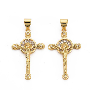 Brass Micro Pave Cubic Zirconia Pendants, Nickel Free, Cross with Jesus, Real 16K Gold Plated, 29x17.5x3.5mm, Hole: 3x5mm
