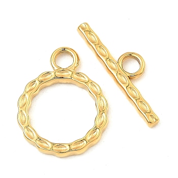 304 Stainless Steel Toggle Clasps, Textured Ring, Real 18K Gold Plated, Ring: 18x14x1.8mm, Hole: 2.5mm, Bar: 6x20x2mm, Hole: 2.7mm