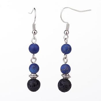 Frosted Dyed Natural Lapis Lazuli Dangle Earrings, with Natural Lava Rock Beads, Brass Earring Hooks and Alloy & Iron Findings, 51mm, Pin: 0.6mm