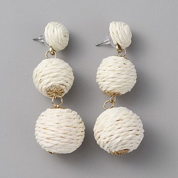 Raffia Grass Round Ball Dangle Stud Earrings, Alloy Jewelry for Women, Floral White, 66mm, Pin: 0.7mm