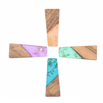 Transparent Resin & Walnut Wood Pendants, with Gold Foil, Trapezoid, Mixed Color, 30x12x3mm, Hole: 2mm
