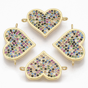 Brass Micro Pave Cubic ZirconiaLinks connectors, Heart, Colorful, Golden, 15x21.5x1.5mm, Hole: 1.2mm