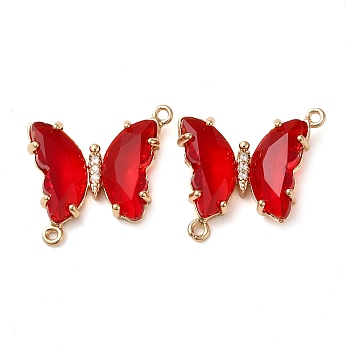 Brass Pave Faceted Glass Connector Charms, Golden Tone Butterfly Links, FireBrick, 20x22x5mm, Hole: 1.2mm