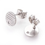 Non-Tarnish 304 Stainless Steel Ear Stud Findings, with Ear Nuts/Earring Backs and Hole, Textured Flat Round with Cross Grain, Stainless Steel Color, 8mm, Hole: 1.2mm, Pin: 0.8mm(STAS-O119-17A-P)