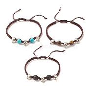 3Pcs Natural Tiger Eye & Lava Rock & Synthetic Turquoise Braided Bead Bracelets Set with Alloy Skull, Halloween Gemstone Adjustable Bracelets for Women, Coconut Brown, Inner Diameter: 2-1/4~3-1/2 inch(5.8~9cm), 1Pc/style(BJEW-JB08114-02)