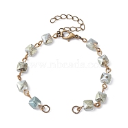 Square Faceted Glass Beaded Link Chain Bracelet Making, with Lobster Claw Clasp, Fit for Connector Charms, Dark Olive Green, 6-1/4~6-3/8 inch(15.8~16.2cm)(AJEW-JB01150-52)