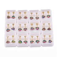 304 Stainless Steel Earlobe Plugs, Screw Back Earrings, with Glass, Heart, Golden, Colorful, 12.5mm, Pin: 1mm(EJEW-H105-07B)