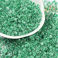 Transparent Inside Colours Glass Seed Beads, Round Hole, Round, Medium Spring Green, 4x3mm, Hole: 1.4mm, about 6428pcs/pound(SEED-A032-04G)