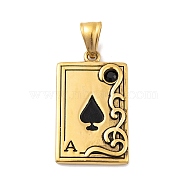 304 Stainless Steel Pendants, with Rhinestone, Playing Card, Ace of Spades Charm, Antique Golden, 35x20.5x3.5mm, Hole: 9x4.5mm(STAS-K283-30AG)