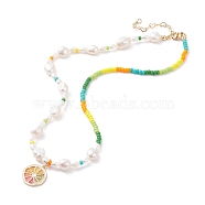 Lemon Slice Enamel Pendant Necklace for Girl Women, Glass & Natural Pearl Beads Necklace, Colorful, 15.98 inch(40.6cm)(X1-NJEW-TA00013)