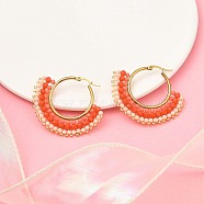 304 Stainless Steel & Bohemian Beaded Fan Hoop Earrings for Women, Golden, Orange Red, 43.5x50x4.5mm, Pin: 0.8mm(EJEW-R001-01G-04)