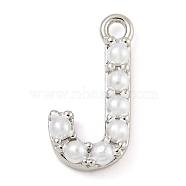 Plastic Imitation Pearl Pendants, with Eco-friendly Brass Findings, Lead Free & Cadmium Free, Letter Charms, Letter J, 14x7x3mm, Hole: 1.4mm(KK-P230-17P-J)