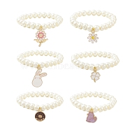 Glass Imitation Pearl Beaded Stretch Bracelet with Alloy Enamel Charms, Mixed Shapes, Inner Diameter: 2 inch(5.2cm)(BJEW-JB09556)