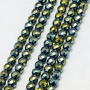 Electroplate Non-magnetic Synthetic Hematite Beads Strands, Faceted, Round, Grade A, Green Plated, 3mm, Hole: 1mm, about 127pcs/strand, 16 inch(G-J169B-3mm-06)