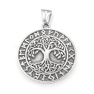304 Stainless Steel Pendants, Flat Round with Tree of Life & Rune Pattern, Antique Silver, 39x35x5mm, Hole: 4x7mm(STAS-G303-23AS)