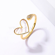 Natural Shell Open Cuff Ring, Golden Stainless Steel Finger Ring, Heart, Inner Diameter: 16~18mm(YD7798-3)