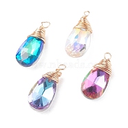 Faceted Glass Pendants, with Real 18K Gold Plated Copper Jewelry Wire, Teardrop, Mixed Color, 20~21x9x5mm, Hole: 1.5~2mm(PALLOY-JF01370-02)