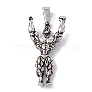 Tibetan Style 304 Stainless Steel Pendants, Bodybuilding Muscle Man Charm, Antique Silver, 42x21.5x6mm, Hole: 9.5x4mm(STAS-H170-12AS)