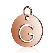 304 Stainless Steel Charms, Flat Round with Letter, Rose Gold, Letter.G, 12x1mm, Hole: 2.5mm(STAS-S105-T514R-G)