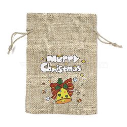 Christmas Printed Burlap Packing Pouches Drawstring Bags, Rectangle, Tan, Christmas Bell, 14x10x0.01cm(ABAG-Q053-02A-10)