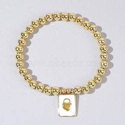 Personality Brass Round Bead Beaded Stretch Bracelets, with Rectangle Brass Enamel Charms for Women, Lock, 6-7/8 inch(17.5cm)(ST0339-6)