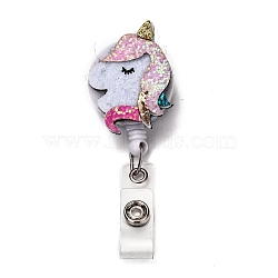 Unicorn Glitter Powder Felt & ABS Plastic Badge Reel, Retractable Badge Holder, with Iron Alligator Clip, Platinum, Light Grey, 88mm, Unicorn: 50x32x27mm(AJEW-I053-41)
