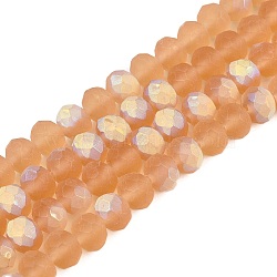 Transparent Glass Beads Strands, Faceted, Frosted, Half AB Color Plated, Rondelle, PeachPuff, 8x6mm, Hole: 1mm, about 64~65pcs/strand, 40~41cm(EGLA-A044-T8mm-MB23)