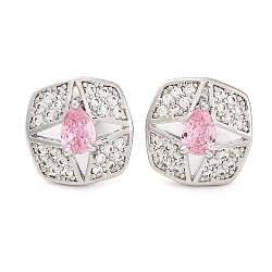 Brass Pave Cubic Zirconia Square Stud Earrings for Women, Platinum, Pearl Pink, 13x13mm(EJEW-I304-27P-05)