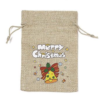 Christmas Printed Burlap Packing Pouches Drawstring Bags, Rectangle, Tan, Christmas Bell, 14x10x0.01cm