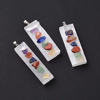 Natural Selenite Rectangle Big Pendants, 7 Chakra Gems Chips Charms with Rack Plating Platinum Tone Brass Snap on Bails, 52~56x14~17x11~14mm, Hole: 6x2mm
