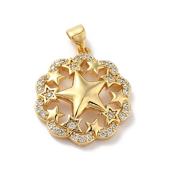 Rack Plating Brass Micro Pave Cubic Zirconia Pendants, Cadmium Free & Lead Free, Real 18K Gold Plated, Flower with Star, Clear, 22.5x20x4mm, Hole: 4.5x3.6mm