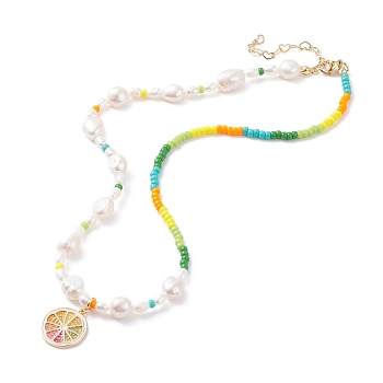 Lemon Slice Enamel Pendant Necklace for Girl Women, Glass & Natural Pearl Beads Necklace, Colorful, 15.98 inch(40.6cm)