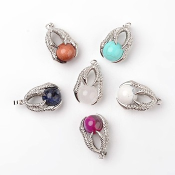 Eagle Claw Alloy Natural & Synthetic Mixed Stone Pendants, Platinum, 34~36x22~24x16mm, Hole: 5x8mm