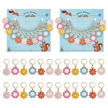 Alloy Enamel Pendant Locking Stitch Markers, 304 Stainless Steel Leverback Earring & Brass Wine Glass Charm Rings Stitch Marker, Sunflower with Smiling Face/Daisy, Mixed Color, 3.4~3.5cm, 6 style, 2pcs/style, 12pcs/set