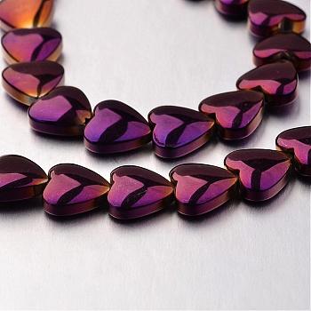 Electroplate Non-magnetic Synthetic Hematite Bead Strands, Heart, Purple Plated, 8x8x3mm, Hole: 0.7mm, about 55pcs/strand, 15.7 inch