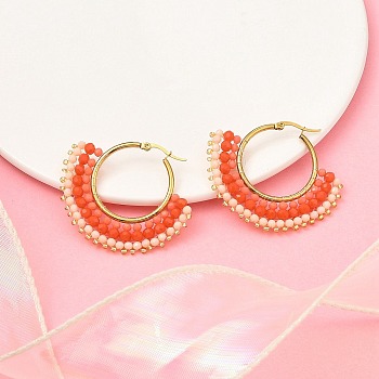 304 Stainless Steel & Bohemian Beaded Fan Hoop Earrings for Women, Golden, Orange Red, 43.5x50x4.5mm, Pin: 0.8mm