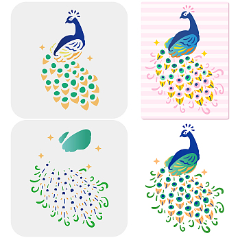 2Pcs 2 Styles Plastic Painting Stencils Sets, Reusable Drawing Stencils, for Painting on Scrapbook Fabric Tiles Floor Furniture Wood, White, Peacock Pattern, 15x15cm, 1pc/style