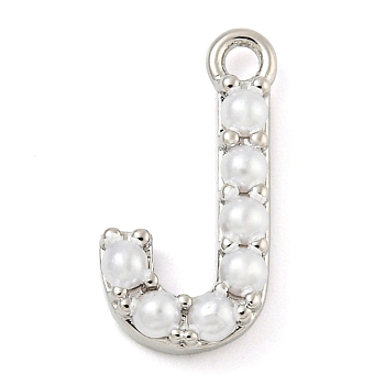 Plastic Imitation Pearl Pendants, with Eco-friendly Brass Findings, Lead Free & Cadmium Free, Letter Charms, Letter J, 14x7x3mm, Hole: 1.4mm