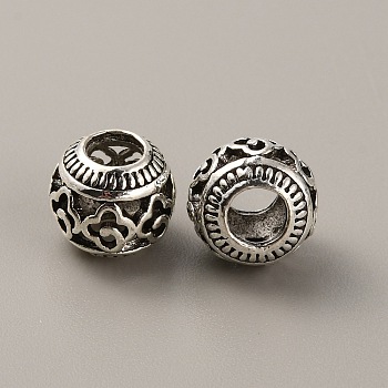 Tibetan Style Alloy European Beads, Large Hole Beads, Rondelle with Flower, Antique Silver, 11x9.5mm, Hole: 4.5mm