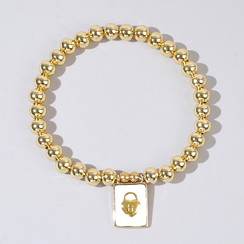 Personality Brass Round Bead Beaded Stretch Bracelets, with Rectangle Brass Enamel Charms for Women, Lock, 6-7/8 inch(17.5cm)