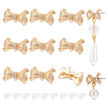 8Pcs Brass Micro Pave Clear Cubic Zirconia Bowknot Stud Earring Findings, with Horizontal Loops, Nickel Free, with 30Pcs Plastic Ear Nuts, Real 18K Gold Plated, 9.5~10.5x17mm, Hole: 0.8mm, Pin: 0.8mm